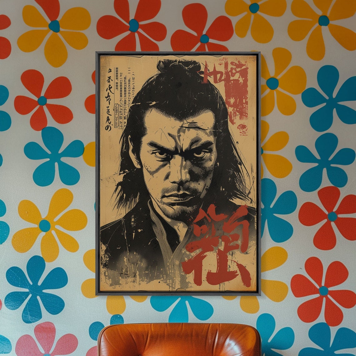 Vintage Japanese Manga Samurai Portrait Poster with Red Kanji Text