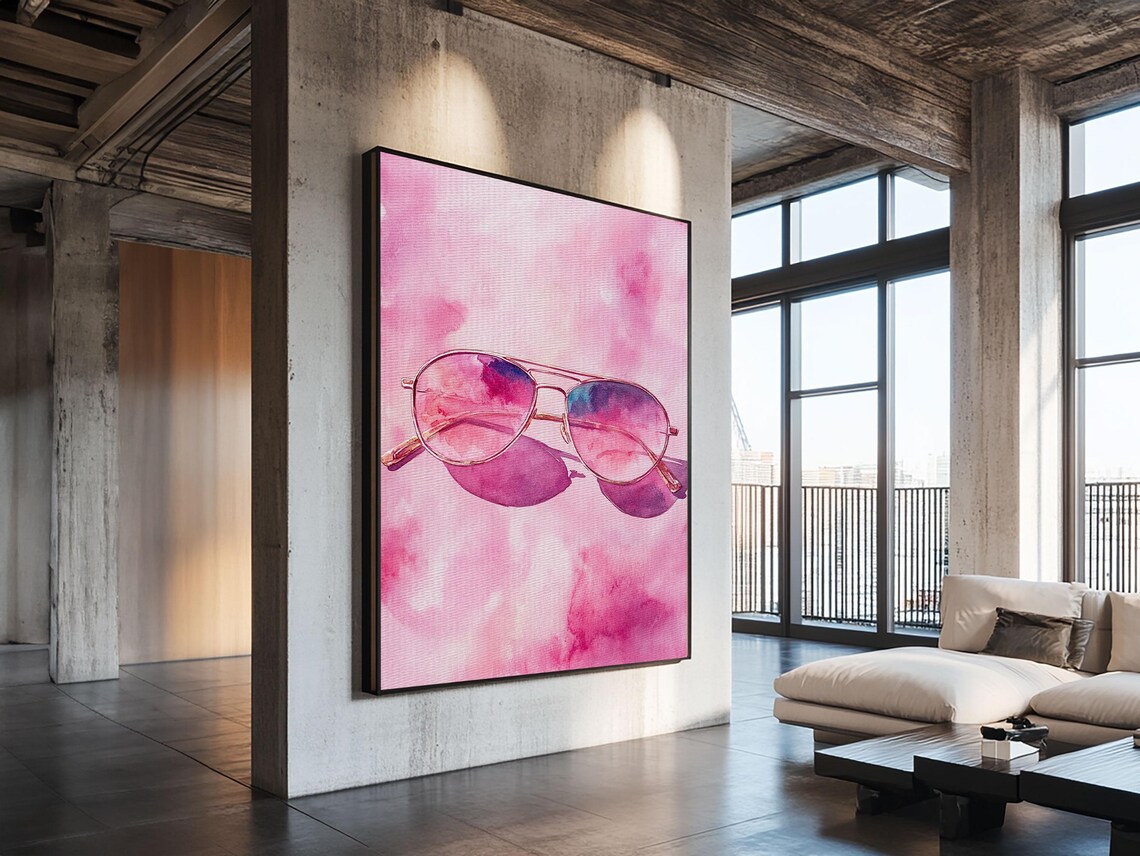 Pink Aviator Sunglasses Watercolor Summer Retro Fashion Wall Art Print - Image 2