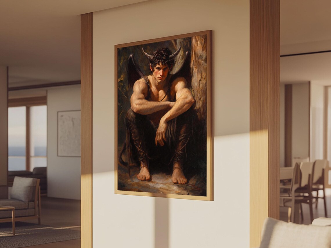 Satyr Young Horned Man Crouching Dark Mythology Classical Oil Art Poster - Image 3
