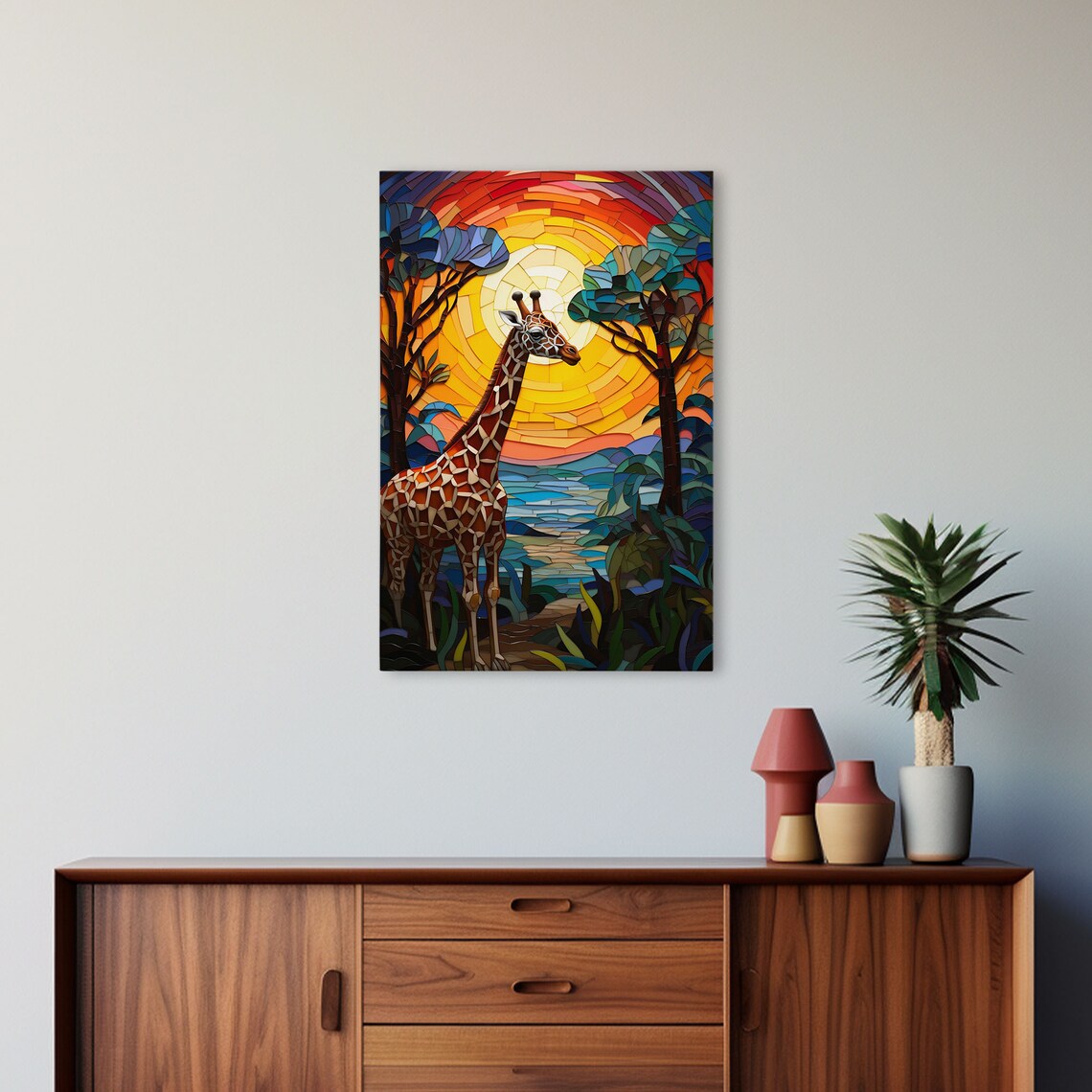 Giraffe At Sunset Mosaic Style African Savannah Acacia Trees Art Poster - Image 4