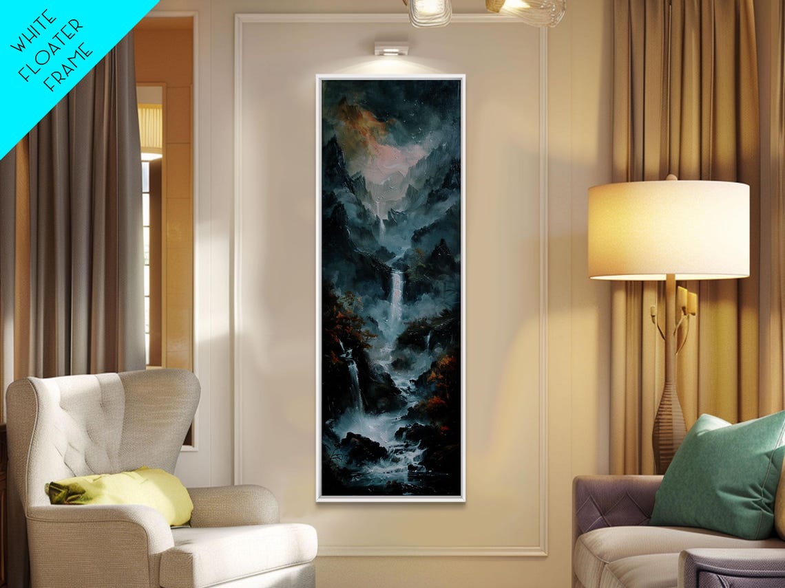 Waterfall Cascading Dark Misty Mountain Gorge Oil Painting Print - Image 3