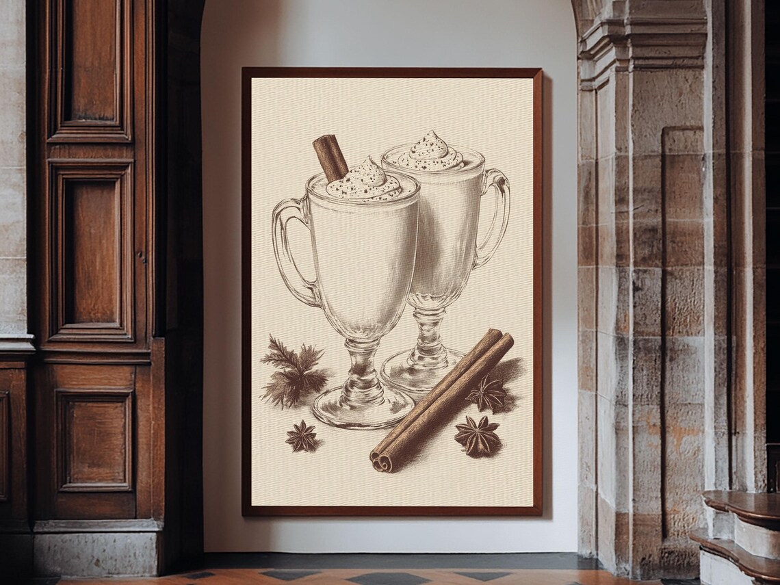 Vintage Eggnog Mugs Whipped Cream Sketch Holiday Drink Poster Art - Image 6