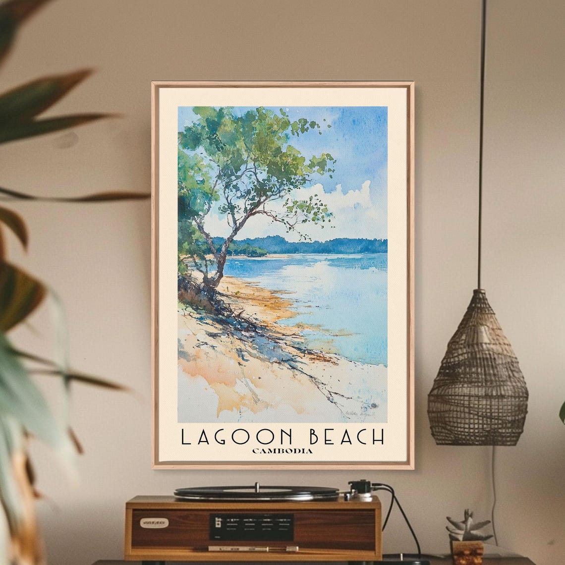 Lagoon Beach Cambodia Leaning Tree Calm Shore Watercolor Poster