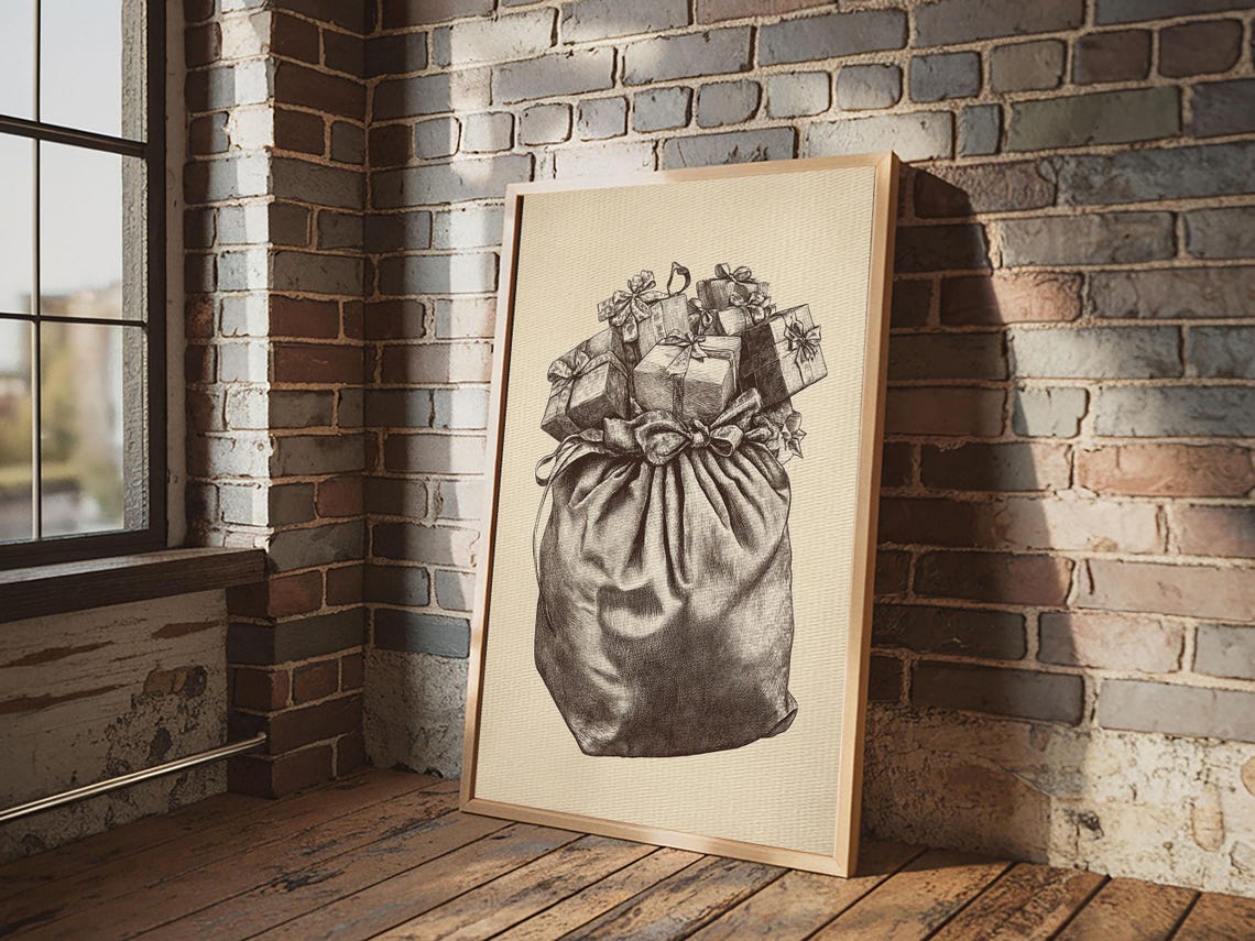 Santa Gift Bag Overflowing With Presents Vintage Sketch Poster Art - Image 4