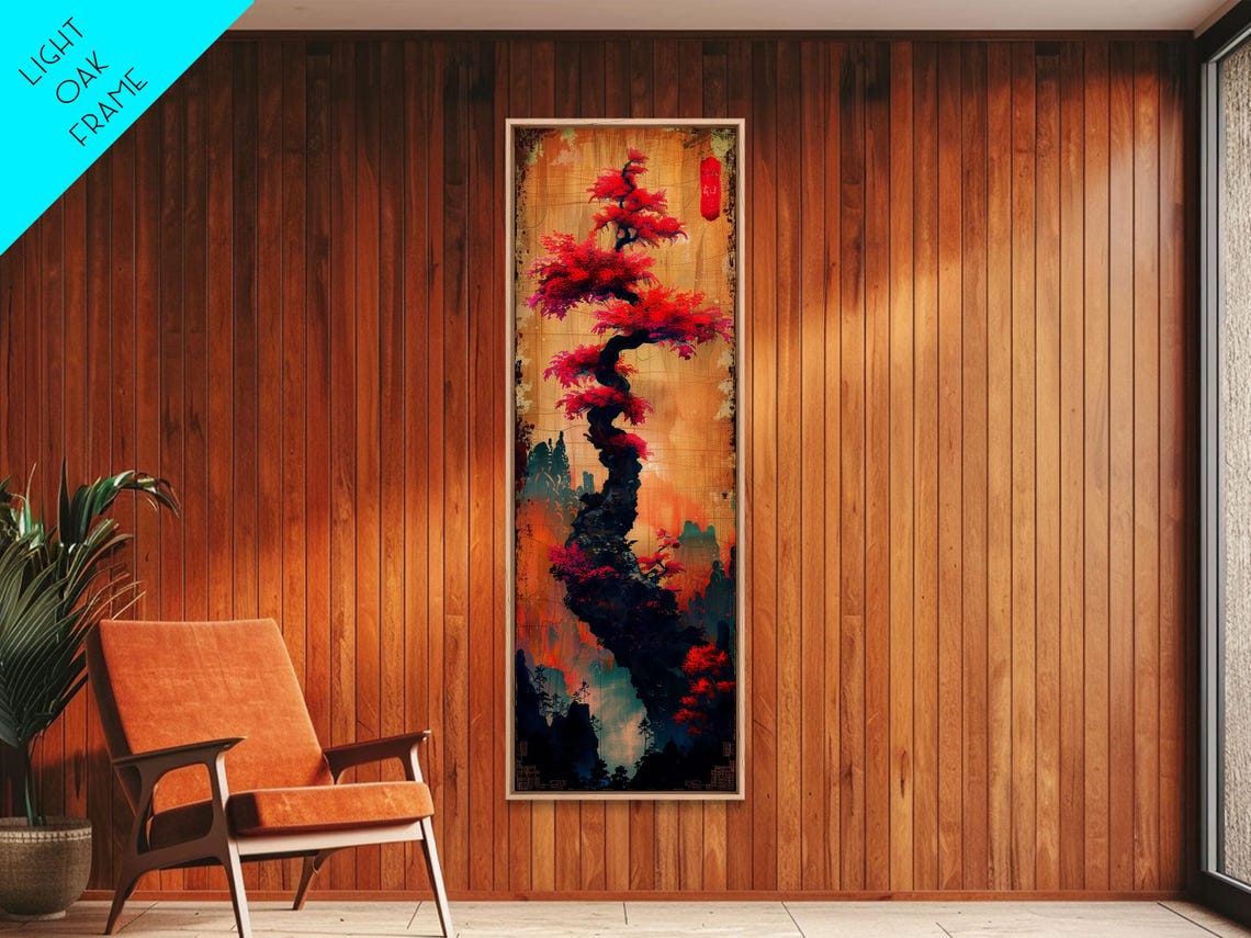 Bonsai Pine With Vivid Red Foliage On Gold Gradient Ukiyo E Art Poster - Image 2