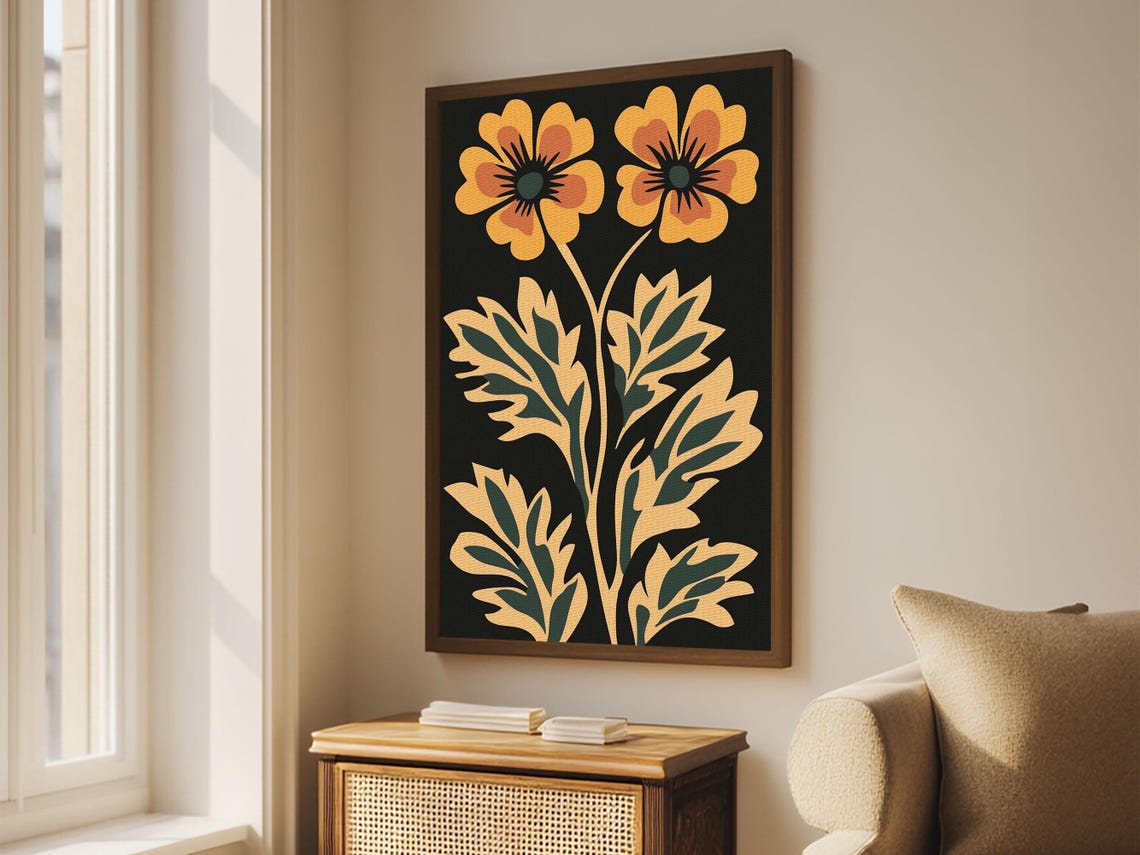 Boho Wildflower Floral Art Mustard Blooms Black Background Print - Image 6