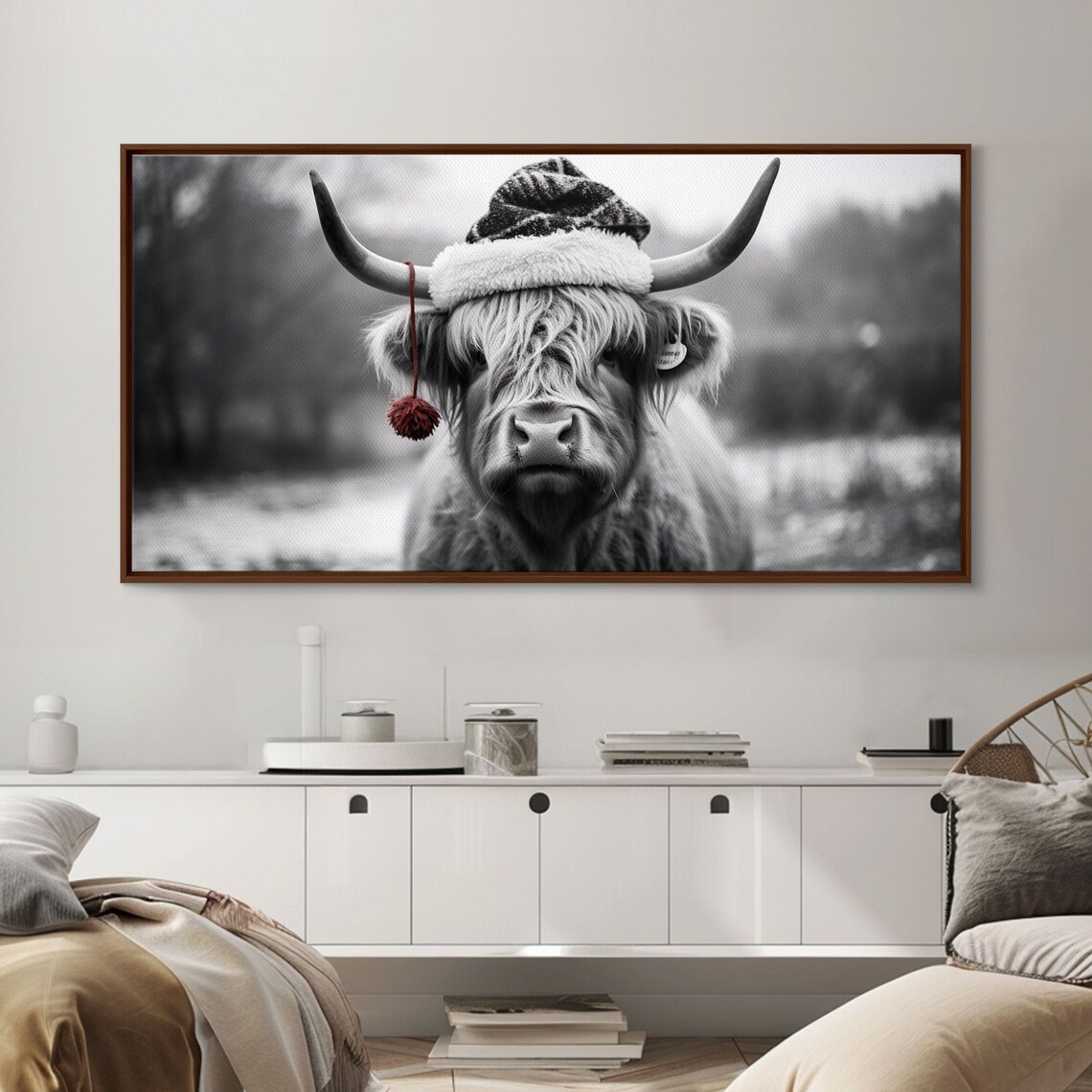 Highland Cow Wearing Santa Hat Festive Black White Holiday Print - Image 4