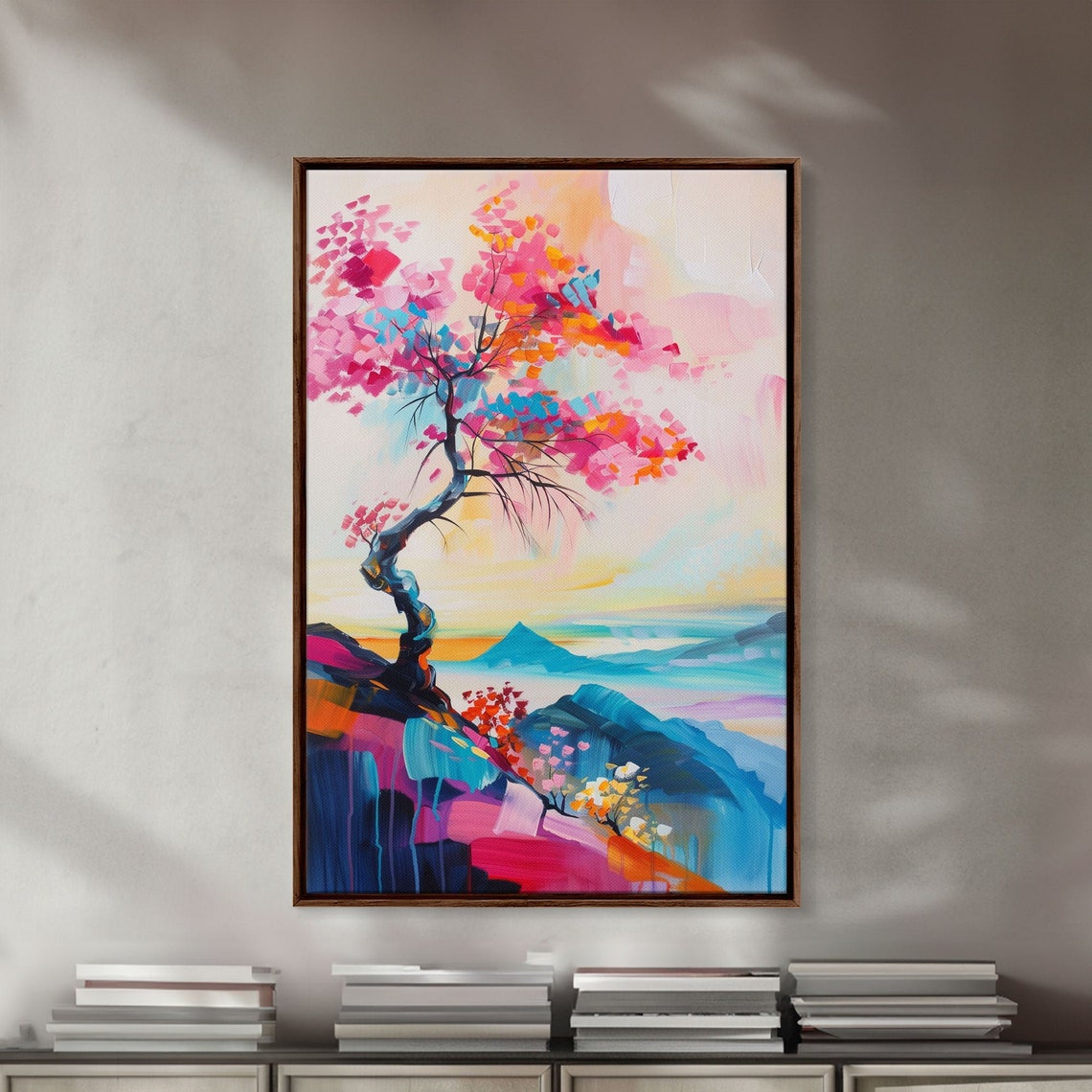 Colorful Tree On A Cliff Framed Print Vibrant Wall Art Living Room Decor Modern Nature Artwork Bold Tree Art Bedroom Decor - Image 5