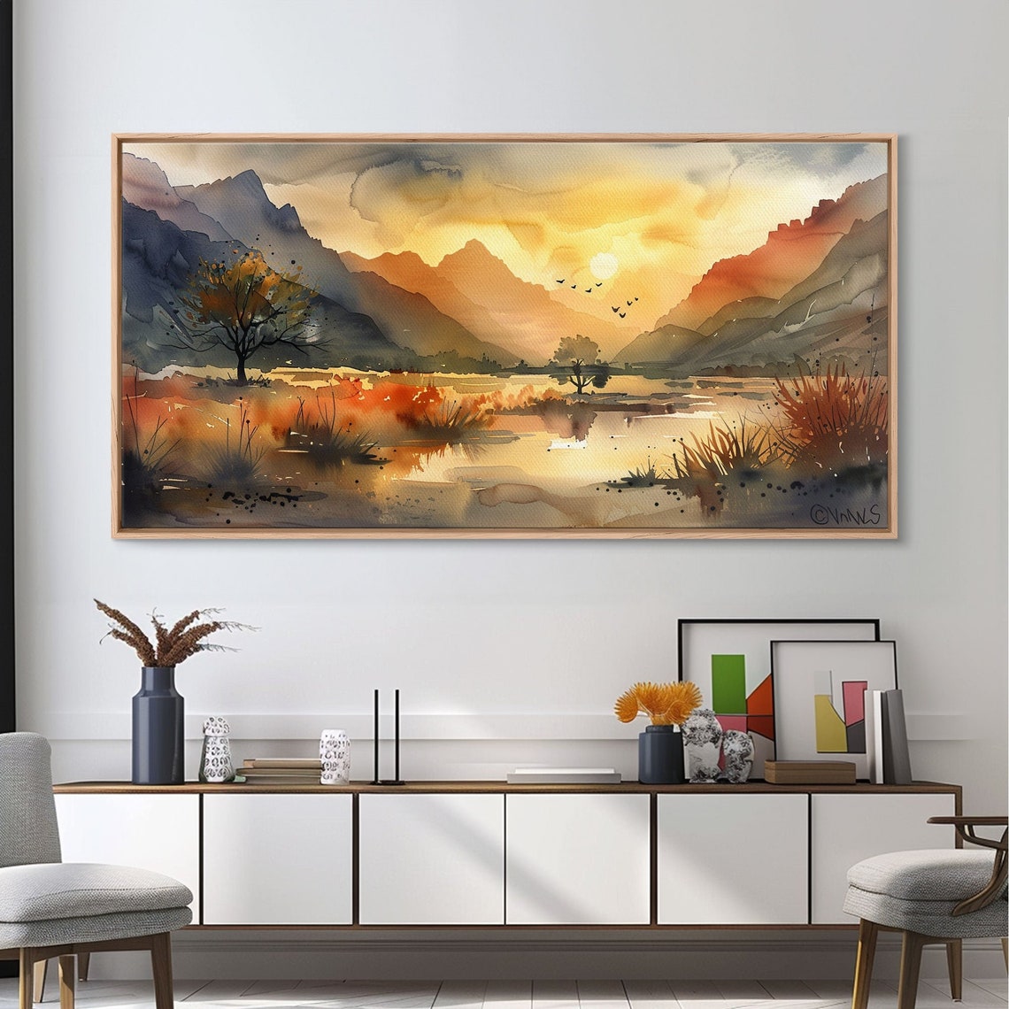 Golden Autumn Marsh Watercolor Mountain Lake Sunset Landscape Poster