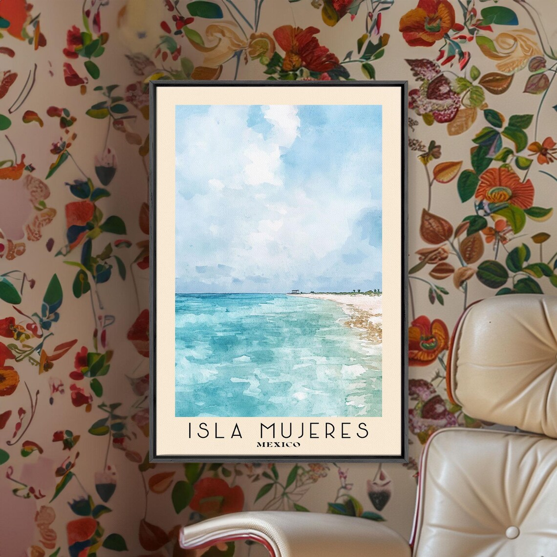 Isla Mujeres Mexico Bright Turquoise Sea White Beach Watercolor Wall Poster - Image 2