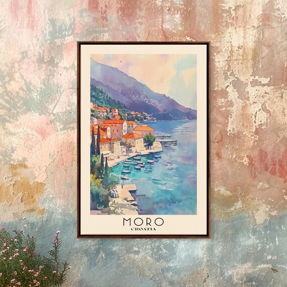 Moro Croatia Harbor Town Red Roofs Bay Mountain Watercolor Travel Poster