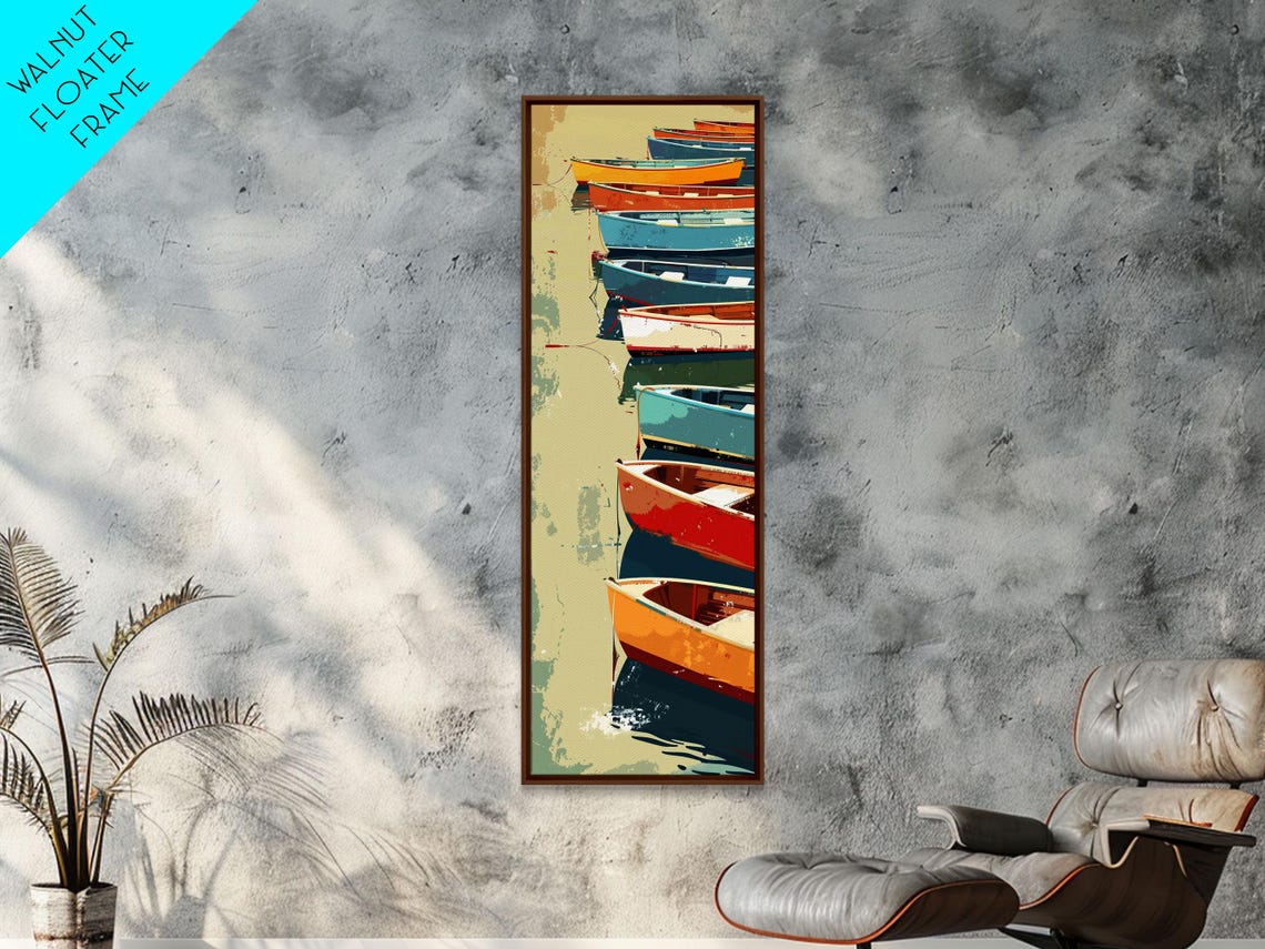 Row Of Colorful Boats On Calm Water Reflections Nautical Tall Wall Art - Image 6