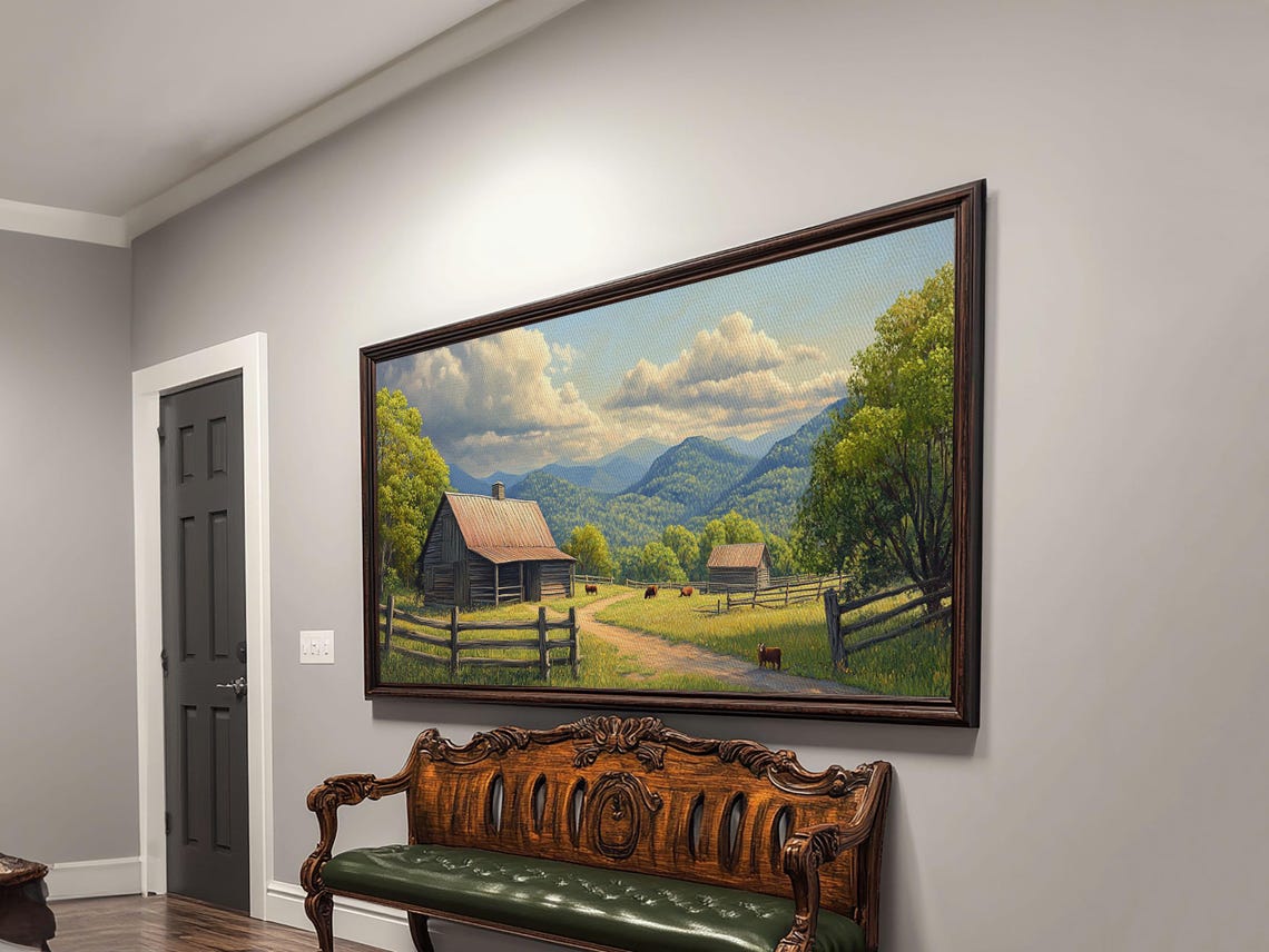Mountain Farm Homestead Barn Green Valley Cattle Landscape Art Print - Image 2