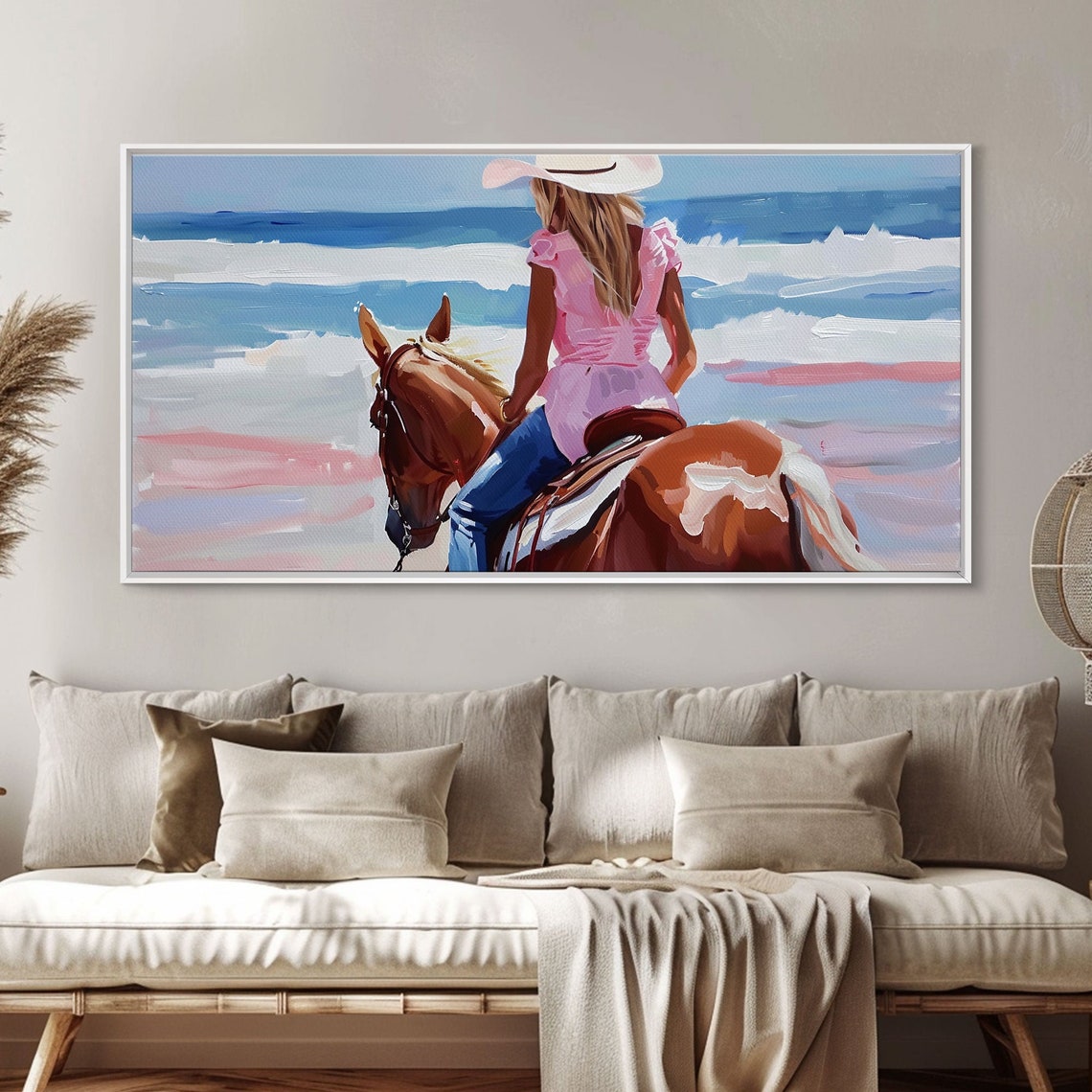 Cowgirl Riding Horse By The Ocean Tranquil Framed Print Perfect For Coastal Living Room Art Beach Bedroom Decor Horse Wall Art - Image 5
