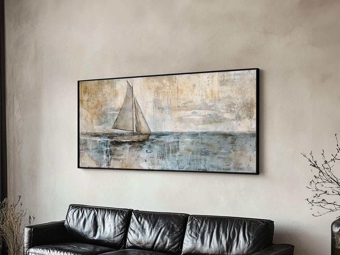 Minimalist Sailboat Calm Sea Neutral Beige Blue Abstract Art Print - Image 3