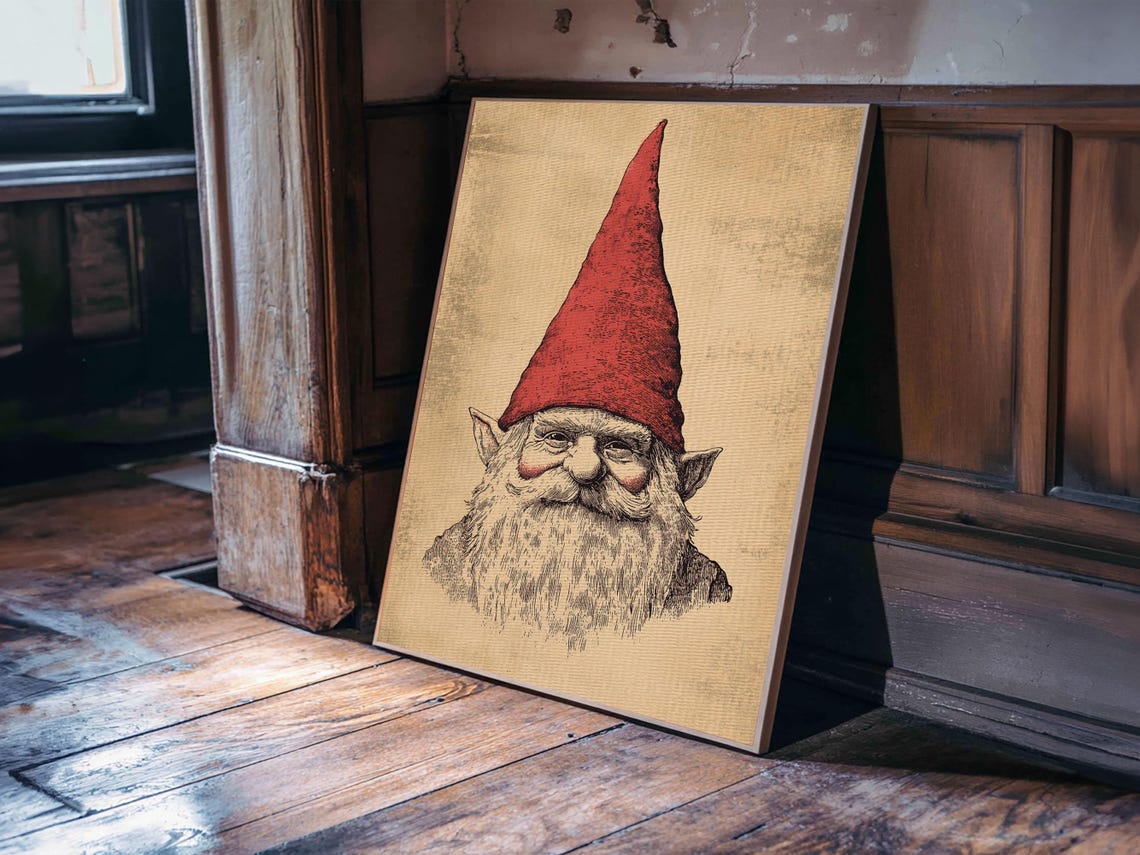 Gnome Portrait Red Hat Sepia Sketch Vintage Christmas Character Poster - Image 2