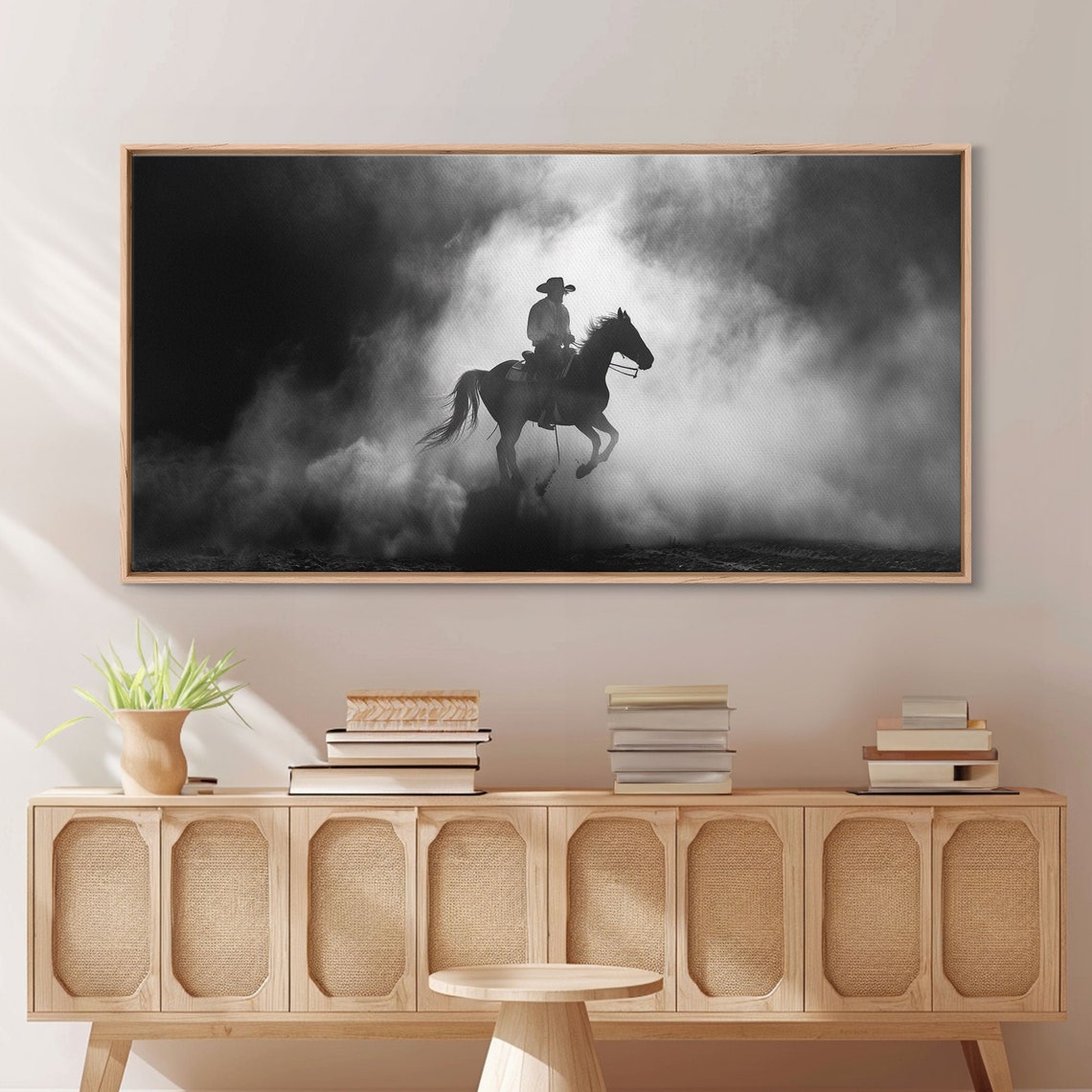 Silhouette Of Cowboy On Horse In Dusty Arena Framed Print For Western Style Home Perfect Living Room Decor Art For Bedroom - Image 3
