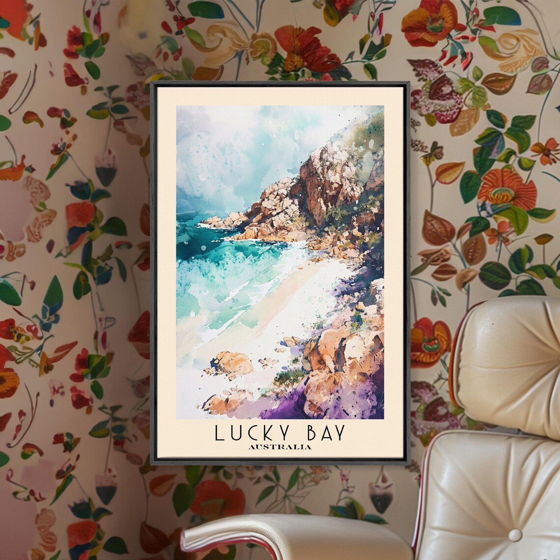 Lucky Bay Australia Rocky Headlands White Sand Surf Watercolor Poster - Image 3
