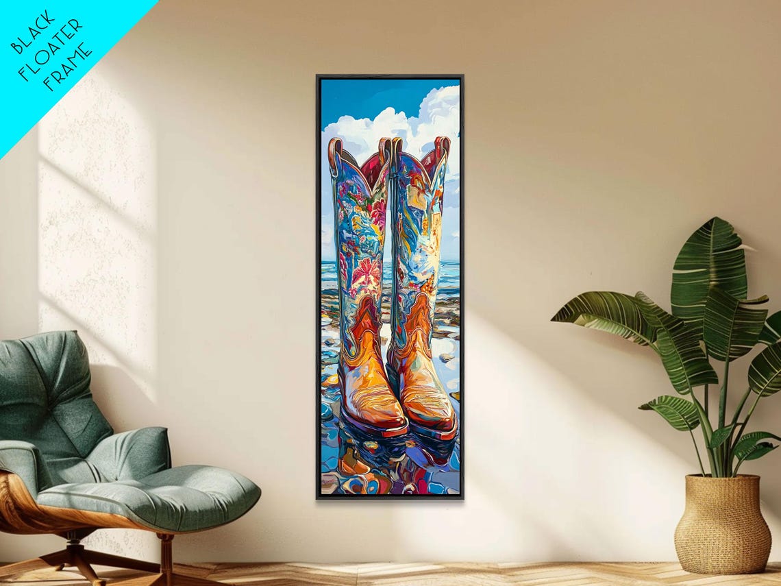 Painted Floral Cowboy Boots On Ocean Beach Western Decor Poster - Image 2