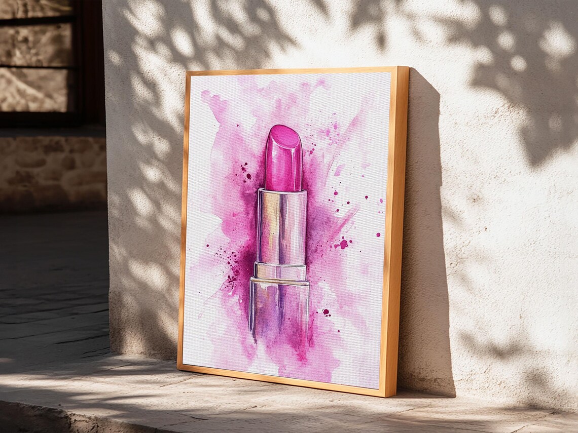 Magenta Lipstick In Chrome Tube Watercolor Bold Beauty Wall Art Print - Image 2