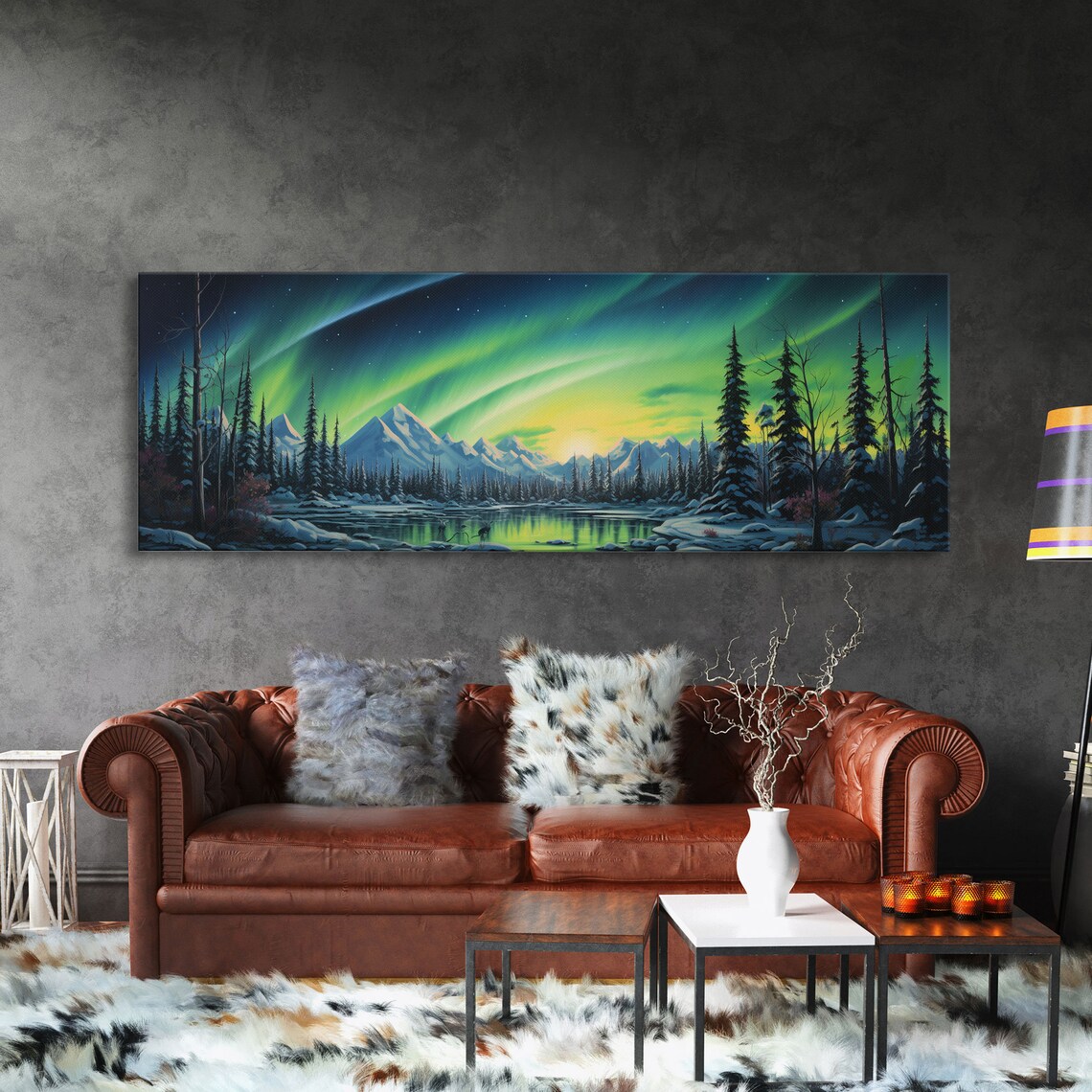 Aurora Borealis Framed Print Beautiful Alaskan Winter Landscape Painting Moody Art Unique Wall Art - Image 3