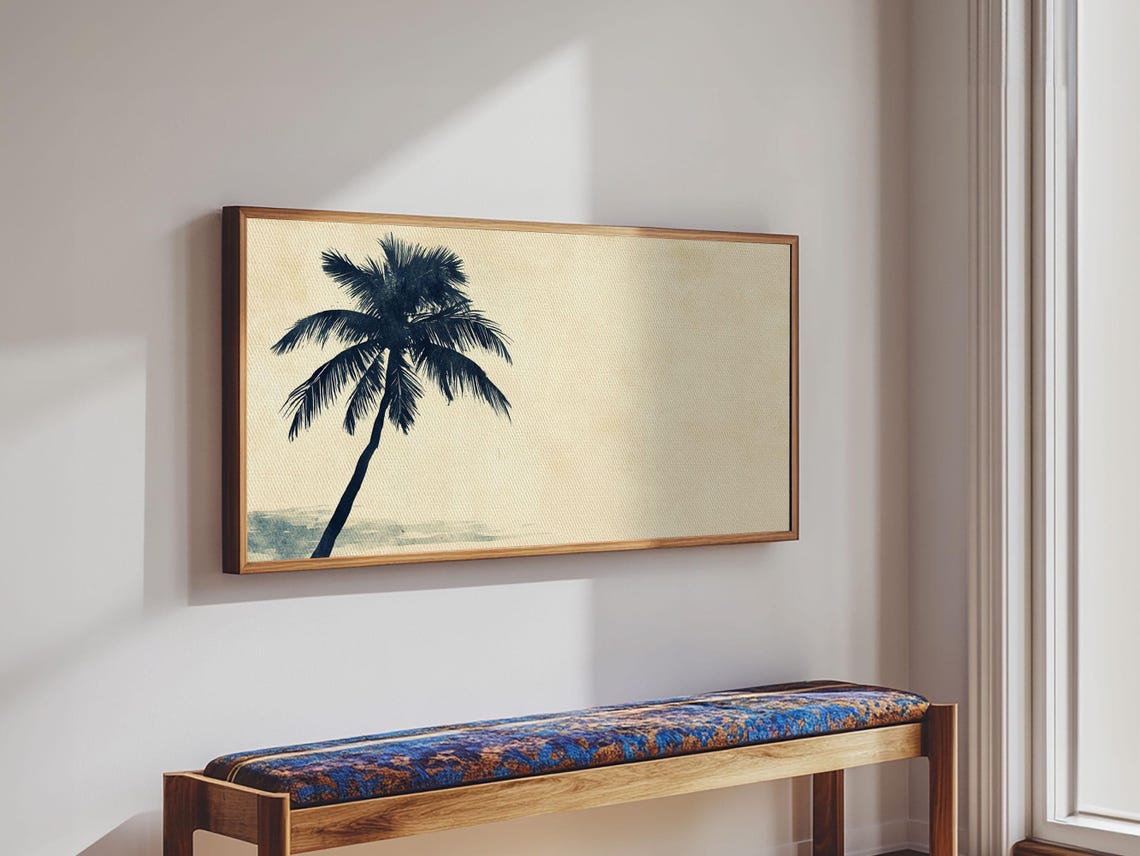Leaning Palm Tree Silhouette Cream Beach Minimalist Painting Wall Art - Image 4