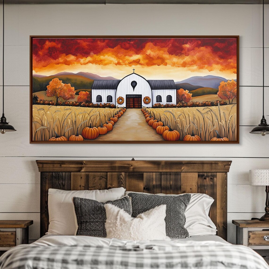 White Barn With Pumpkin Lined Path Wheat Fields Fiery Sunset Fall Wall Poster - Image 5