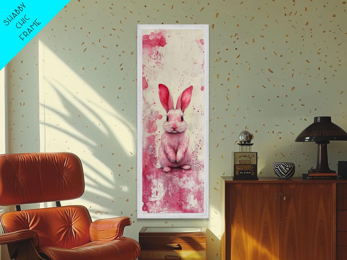 Cute Pink Bunny Watercolor Splash Whimsical Nursery Art Poster