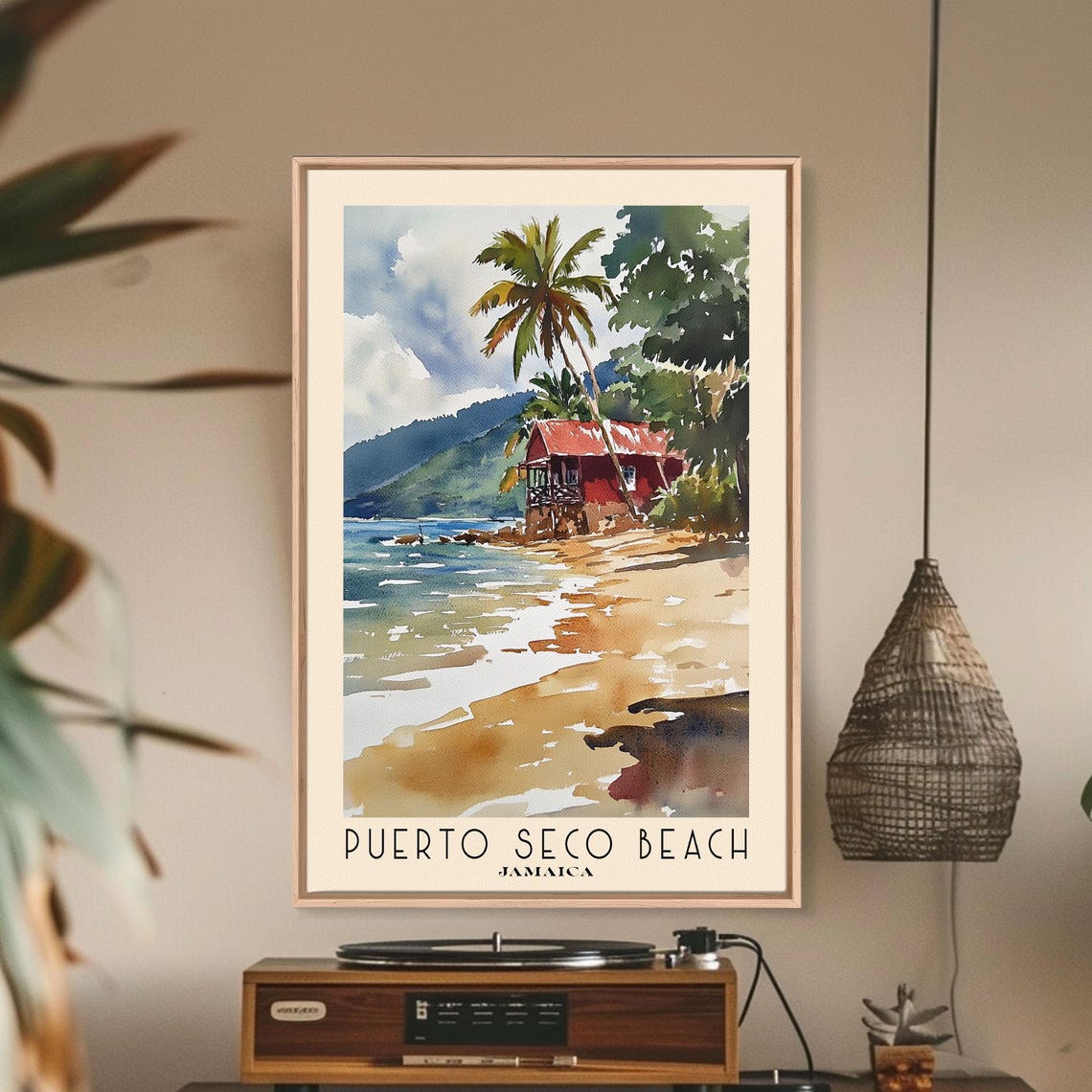 Puerto Seco Beach Jamaica Palm Trees Red Beach Hut Watercolor Poster - Image 2