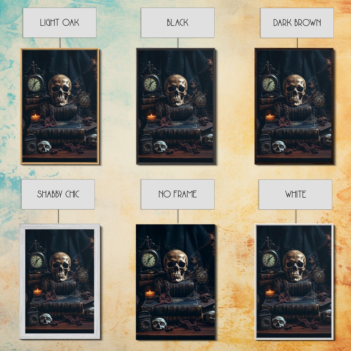 Dark Skull Vanitas Still Life Gothic Antique Clocks Books Candle Moody Wall Art Print - Image 2