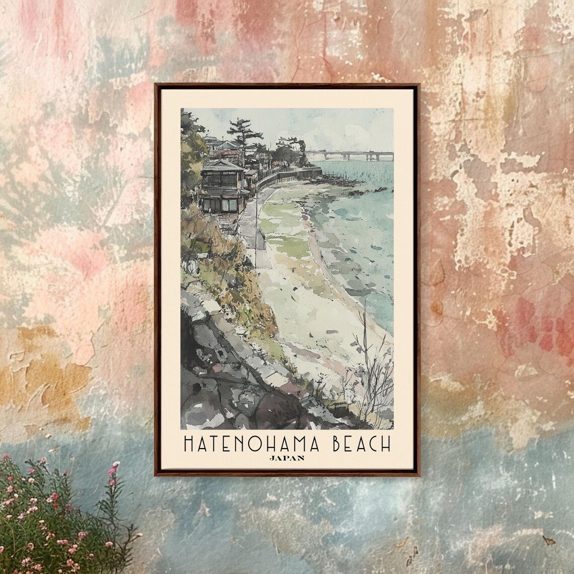 Hatenohama Beach Japan Ink Wash Coastal Town Watercolor Travel Poster - Image 3
