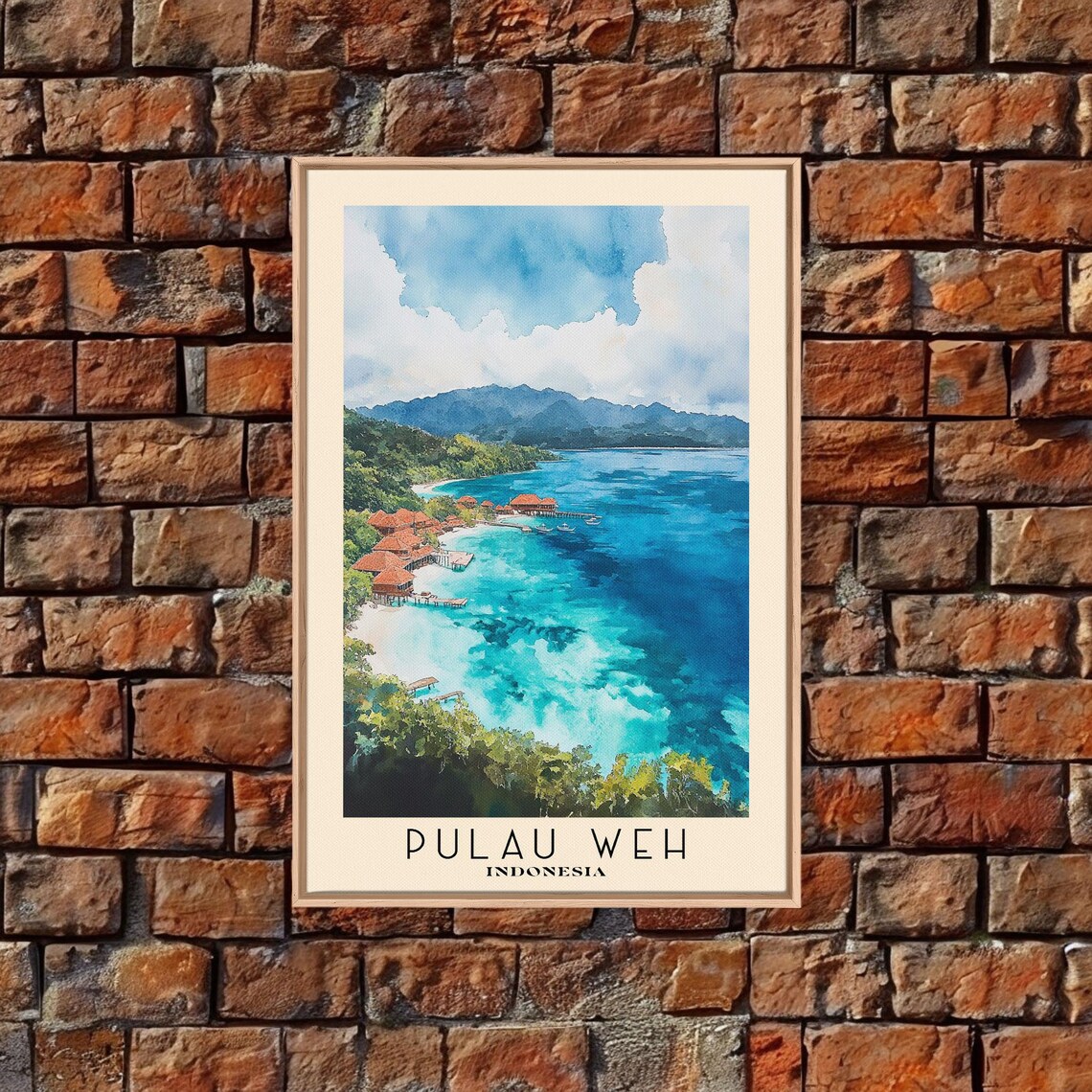 Pulau Weh Indonesia Aerial Overwater Bungalows Turquoise Reef Bay Watercolor Poster - Image 4