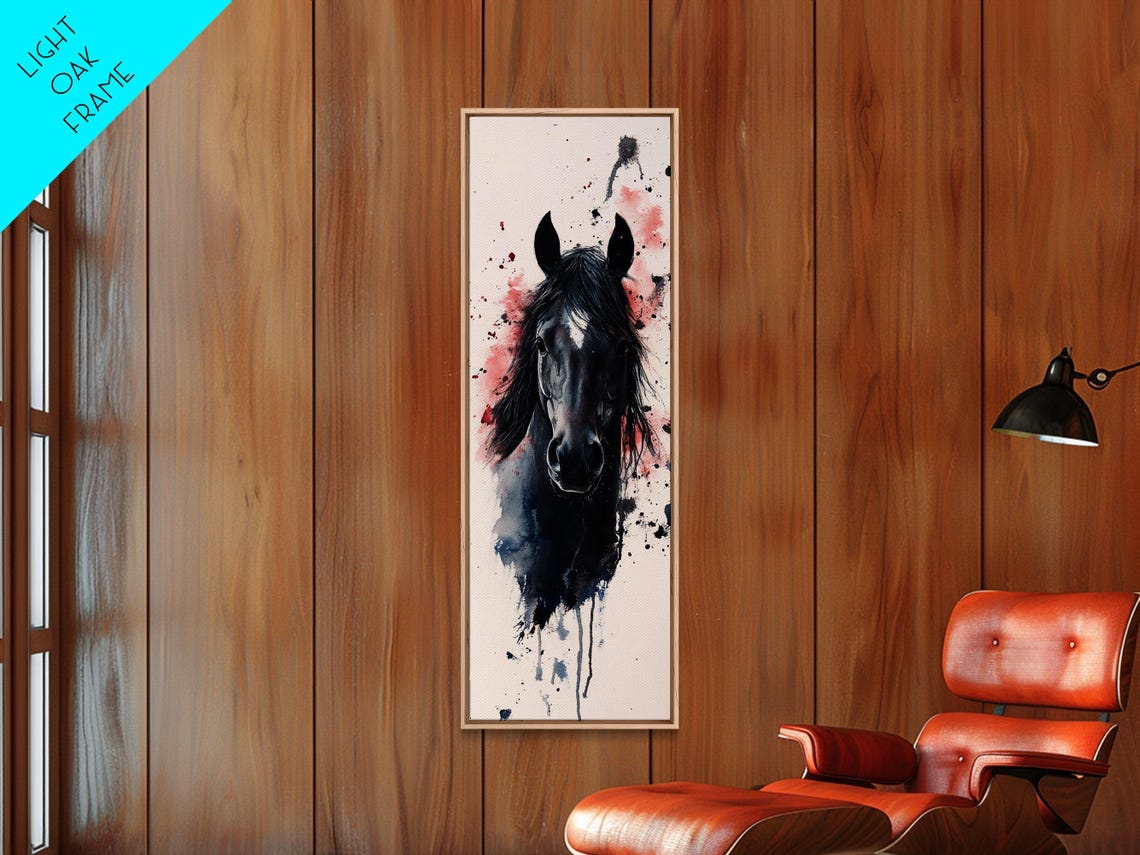 Black Horse Head Watercolor Pink Splash Romantic Vertical Art Poster - Image 2