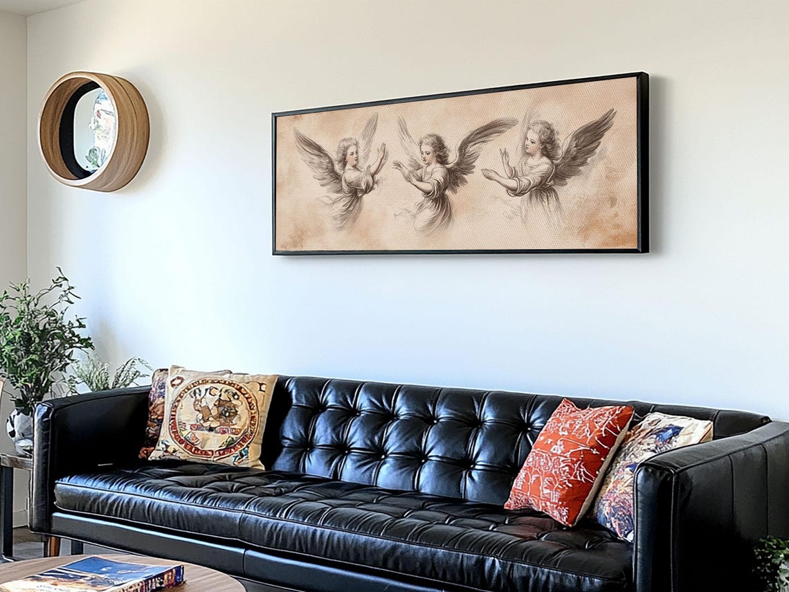 Painting Of 3 Angels Print Guardian Angels Wall Art Angel Sketch Angel Painting Angelic Home Decor Extra Wide Wall Art