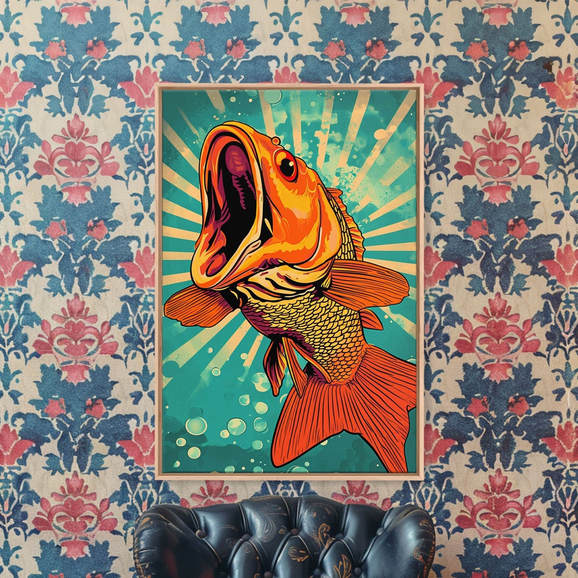 Funny Orange Fish Open Mouth Sunburst Pop Art Poster Wall Print