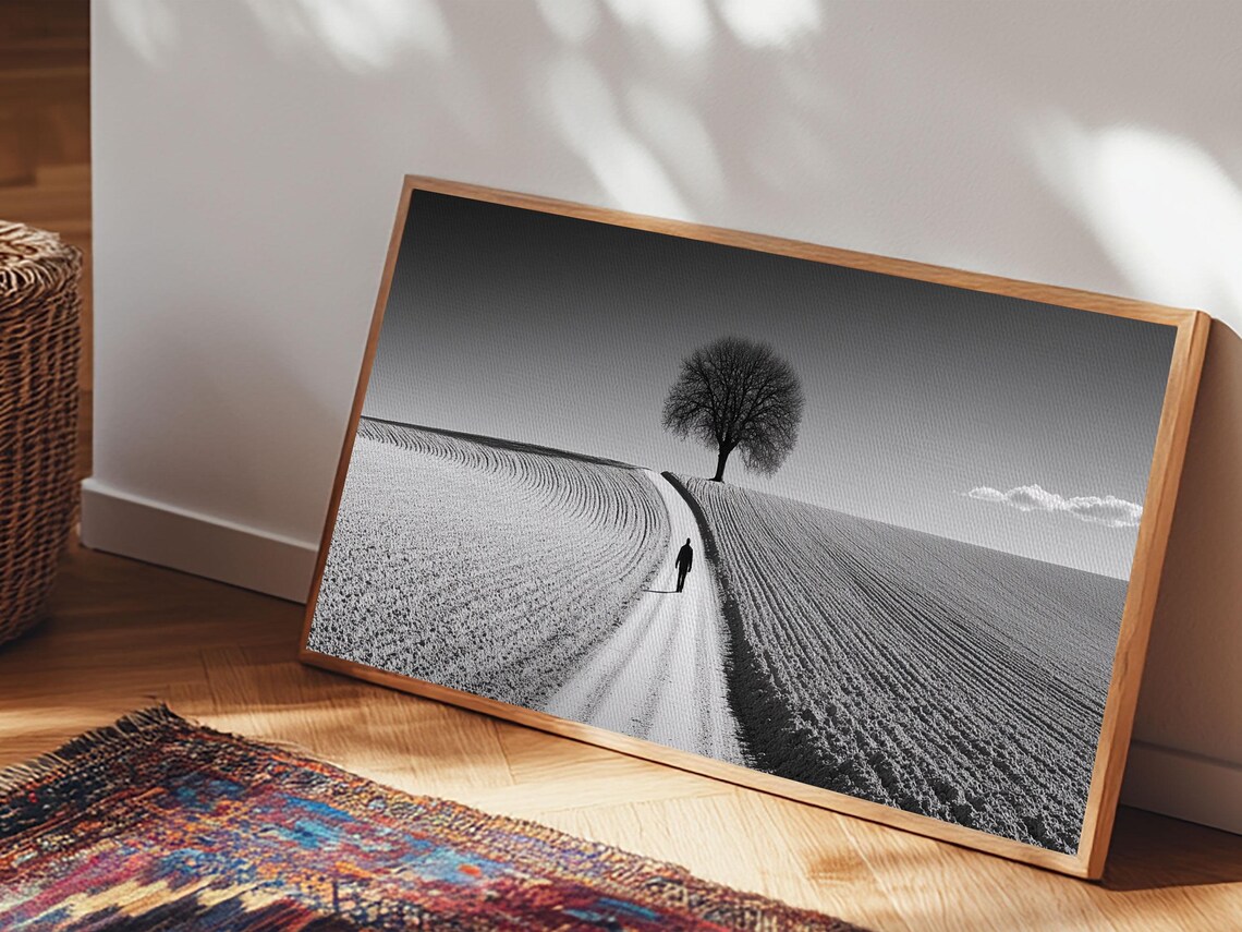 Black And White Lone Tree Country Road Field Minimalist Photo Print - Image 3