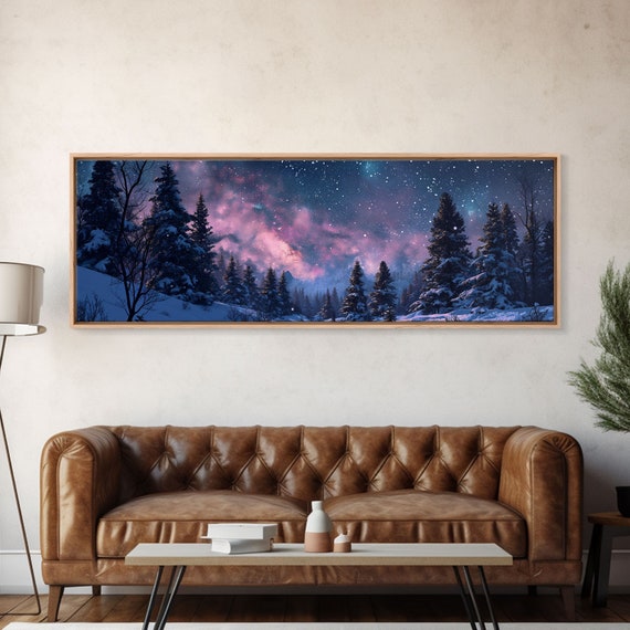Starry Night Northern Lights Framed Print Beautiful Night Sky Over A Snow Capped Forest Winter Landscape Painting Purple Skies