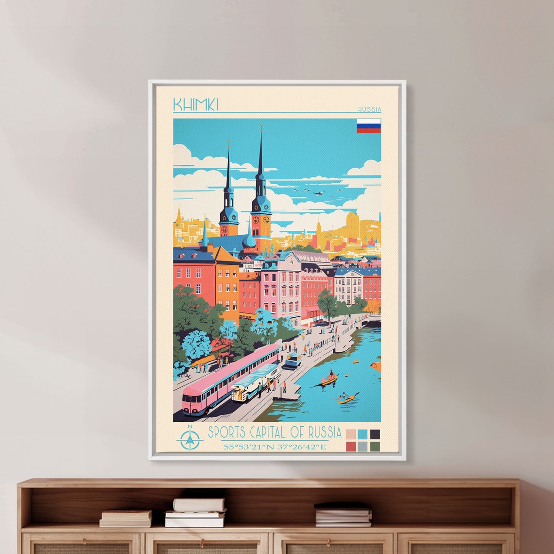 Khimki Russia River Promenade Twin Church Spires Kayakers View Poster - Image 4