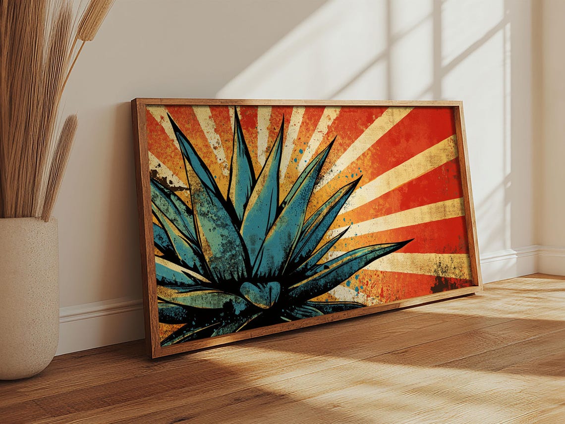 Bold Blue Agave Pop Art Red Sunburst Rays Retro Mexican Wall Art - Image 3