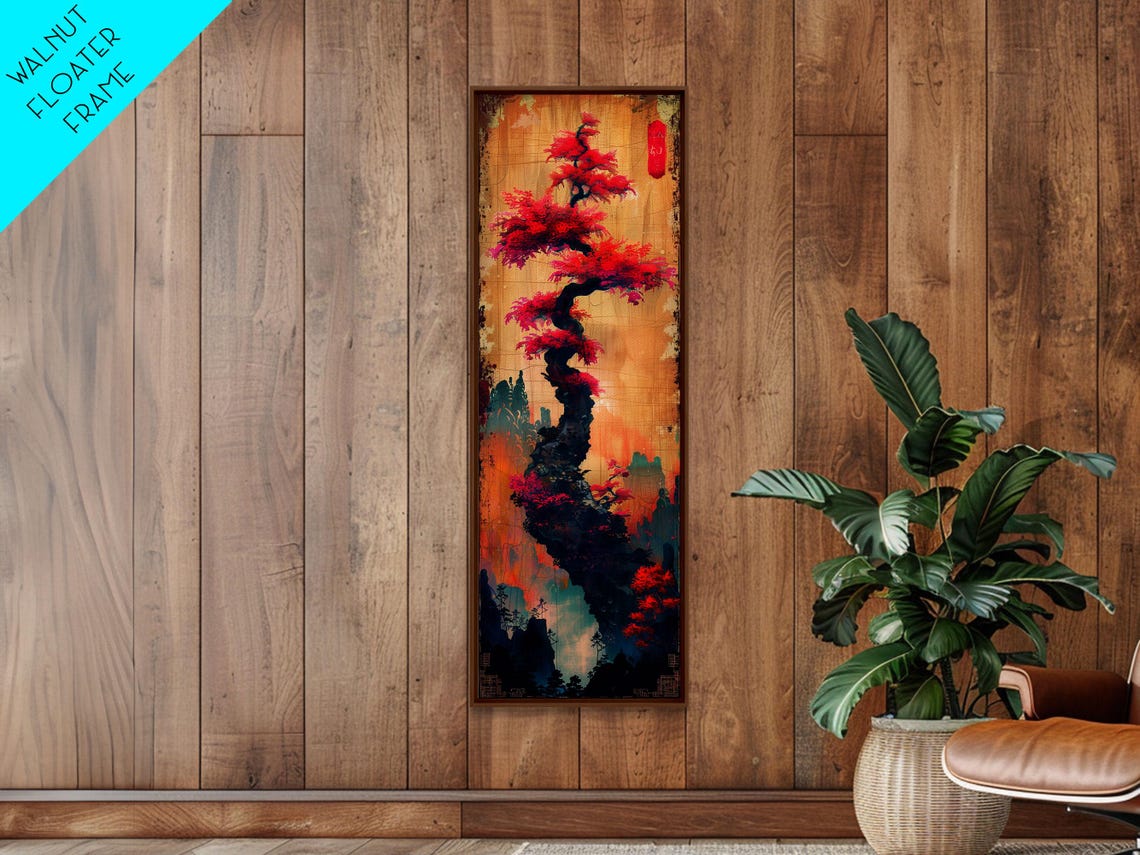 Bonsai Pine With Vivid Red Foliage On Gold Gradient Ukiyo E Art Poster - Image 6