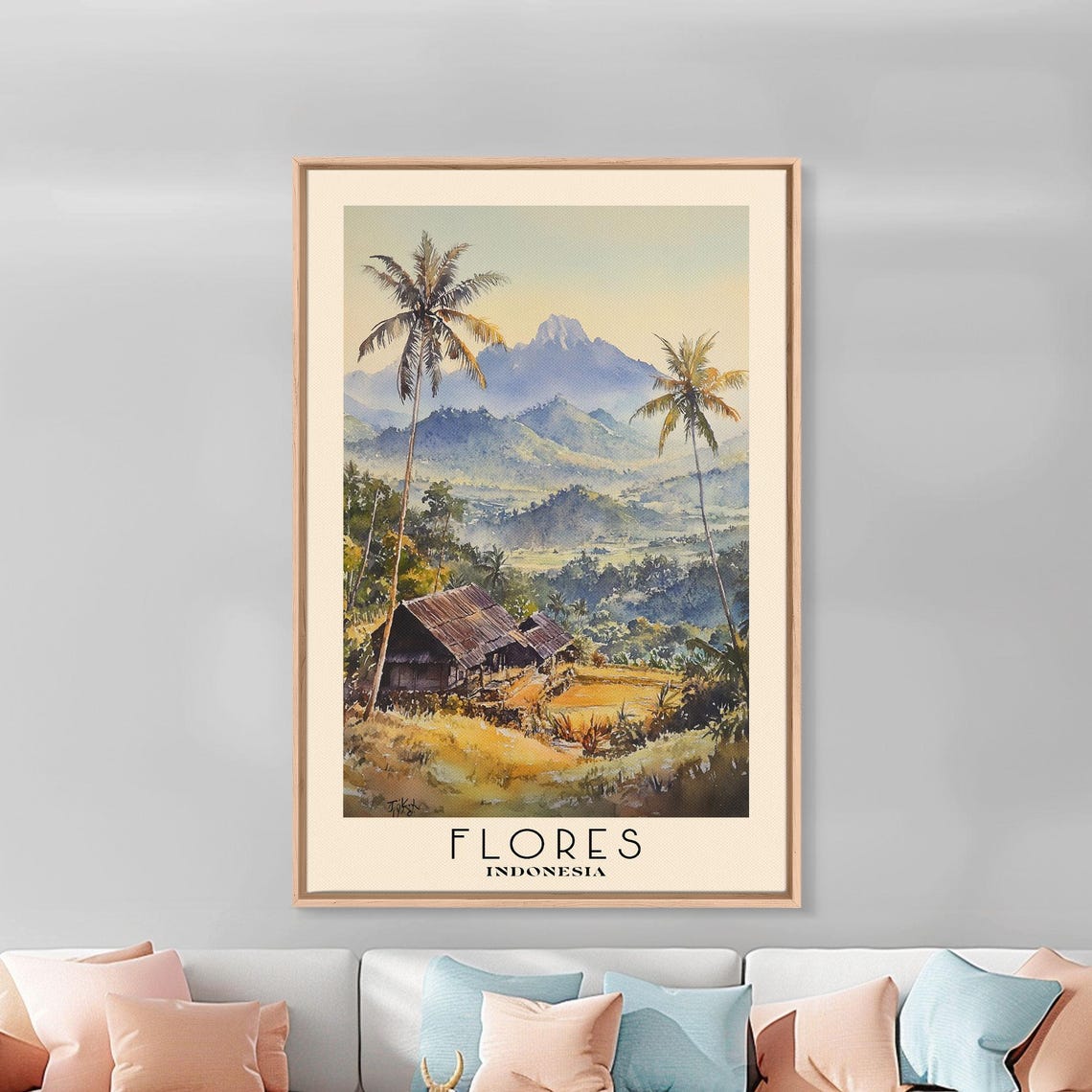 Flores Indonesia Palm Valley Misty Volcano Peaks Watercolor Poster - Image 3