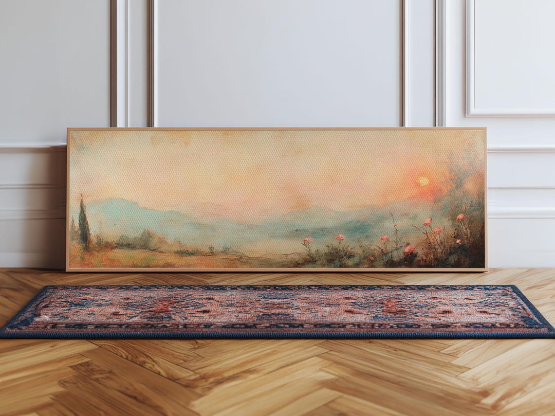 Moody Wildflower Field Misty Sunrise Pastel Panoramic Poster Art - Image 2