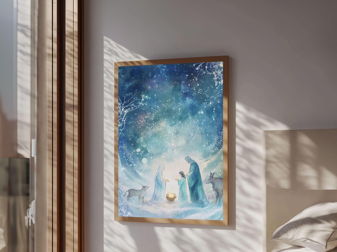 Watercolor Nativity Painting, Rustic Christmas Decor - Image 2