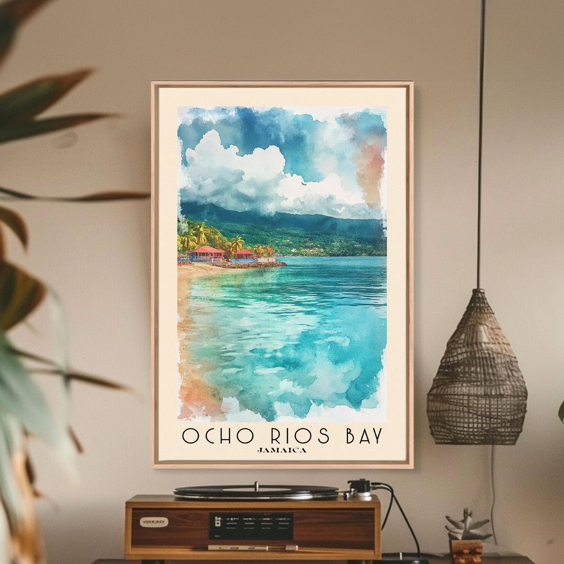Ocho Rios Bay Jamaica Turquoise Bay Beach Huts Green Mountain Poster - Image 2
