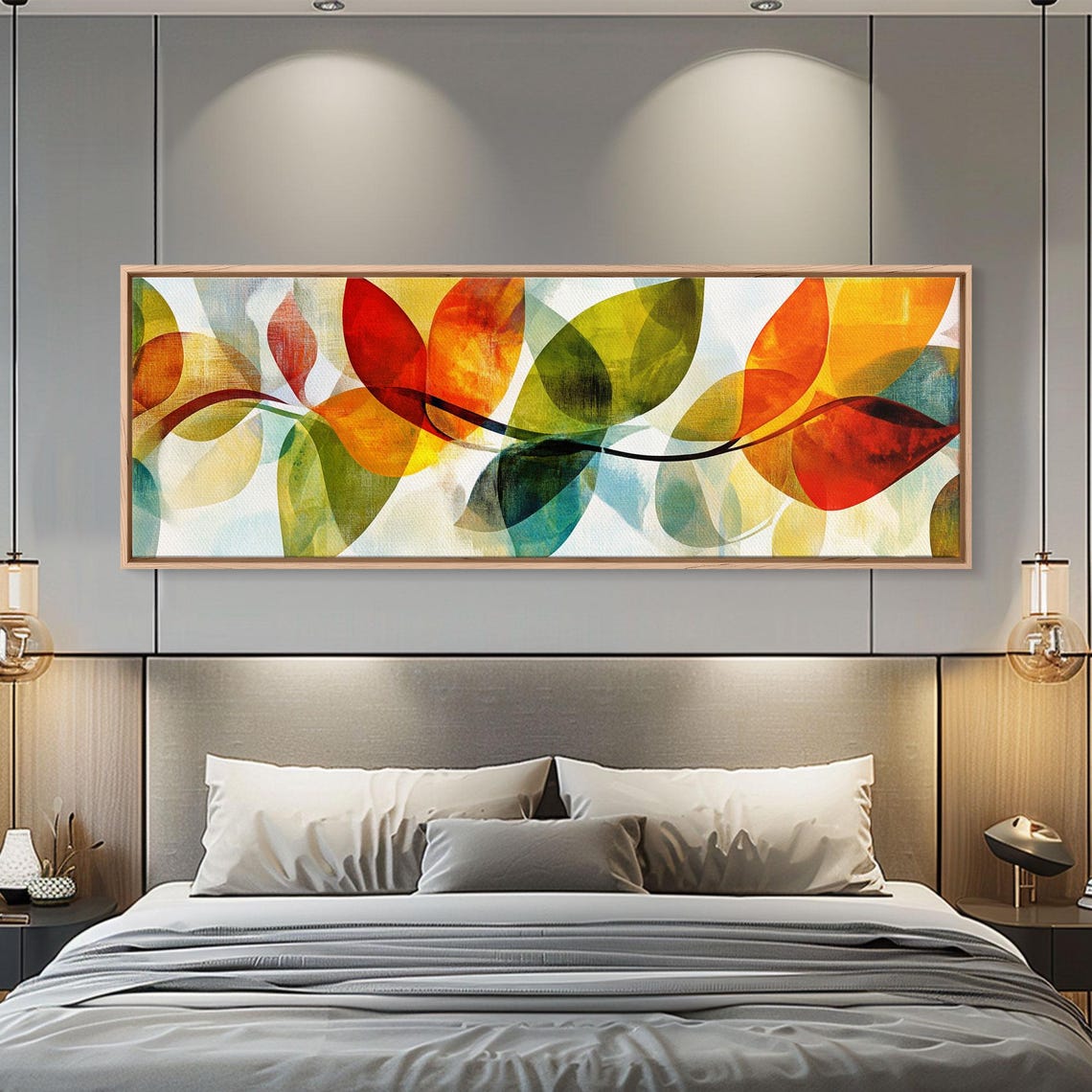 Abstract Floral Leaves Watercolor Red Orange Green Modern Wall Art - Image 2