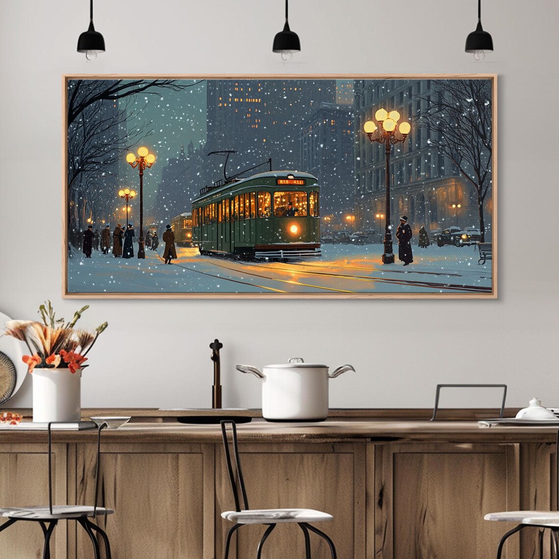 Vintage Christmas Street Scene Green Tram Snowy Night City Poster - Image 2