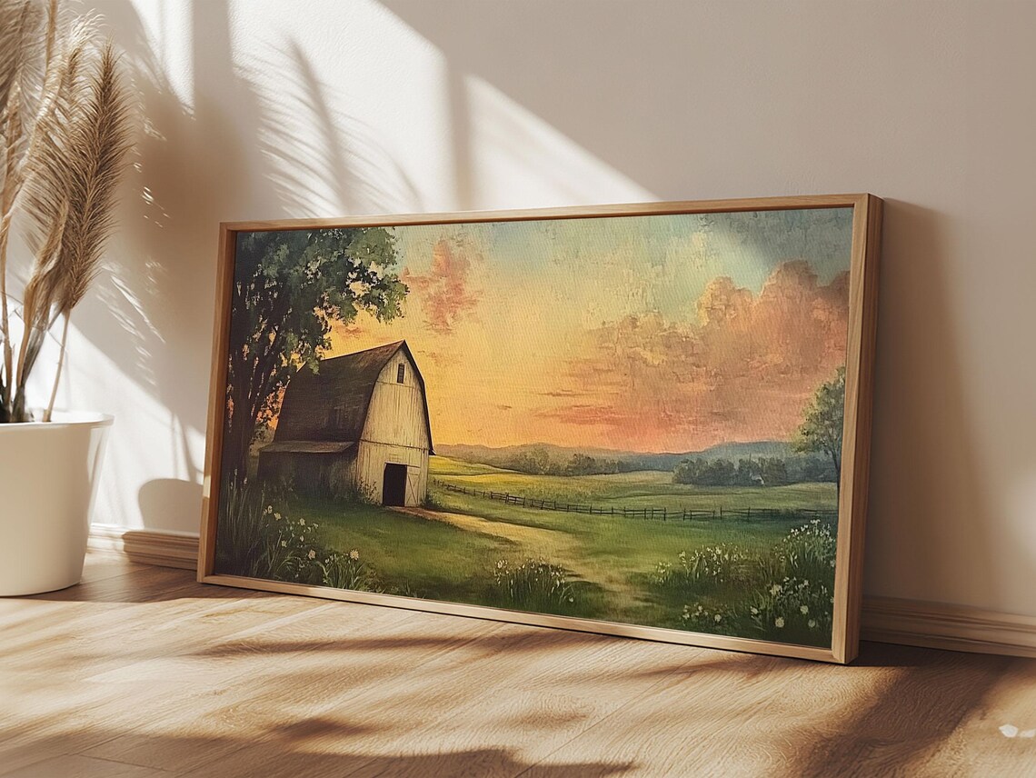 Old Barn Sunset Meadow Fence Vintage Farmhouse Landscape Art Print - Image 4