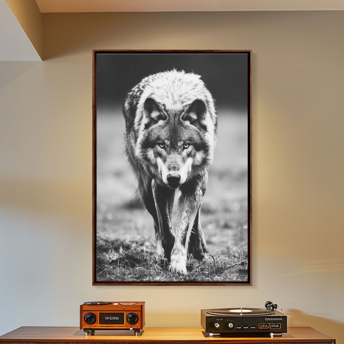 Black And White Wolf Portrait Walking Forward Wildlife Photo Poster - Image 2