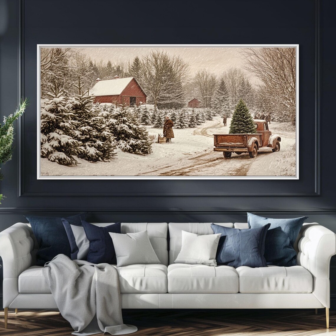 Vintage Christmas Tree Farm Truck Red Barn Snowy Sepia Wall Art
