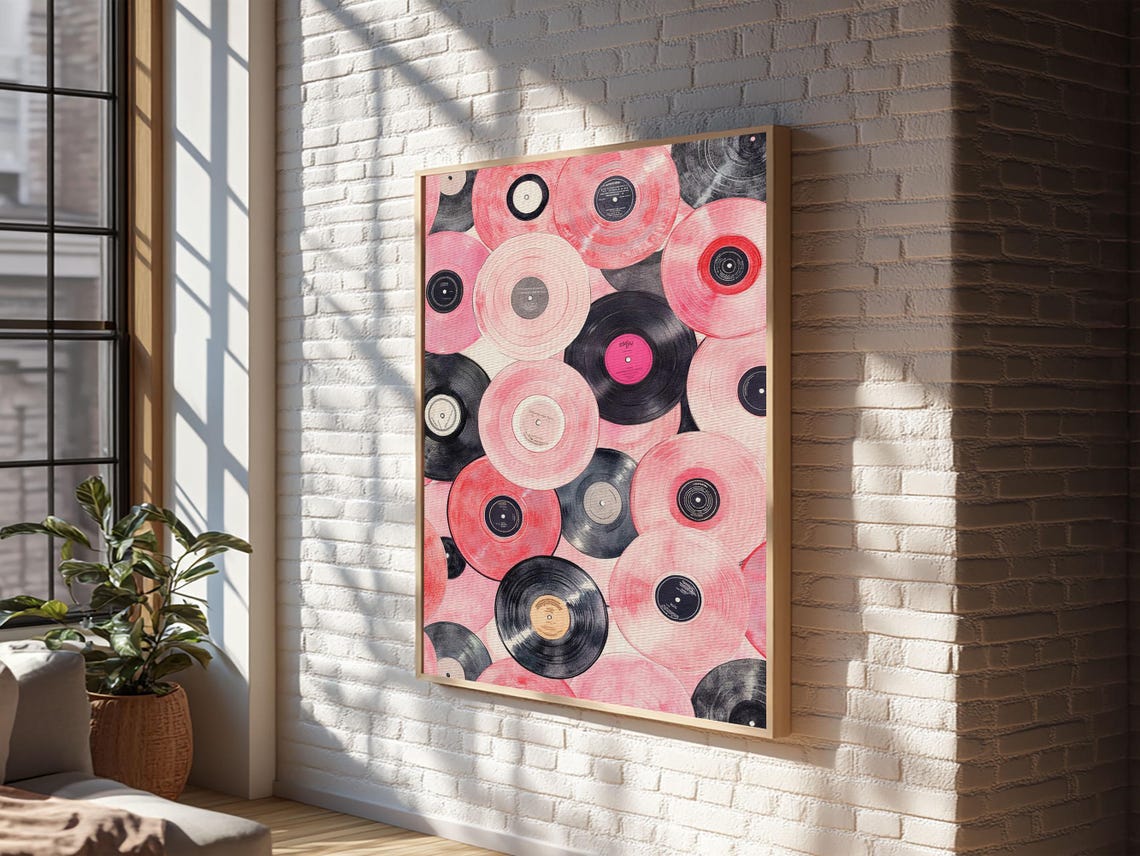 Pink And Black Vinyl Records Pattern Retro Music Wall Art Print - Image 5